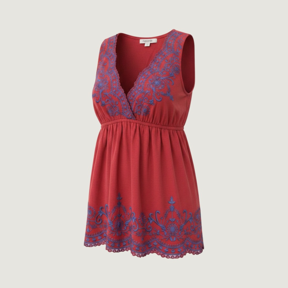 Forever 21 Red Blue Embroidered Boho Babydoll Top Small UW10L276